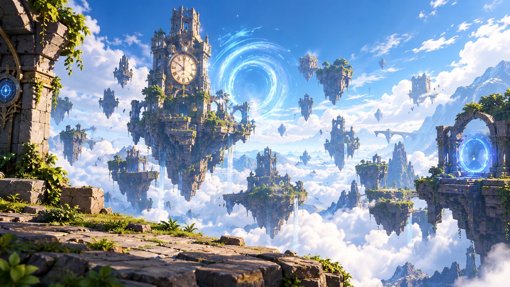 A floating archipelago above the clouds: ruined towers and a great clock tower drift on islands trailing waterfalls, while glowing blue portals hang in the sky and in a stone archway.