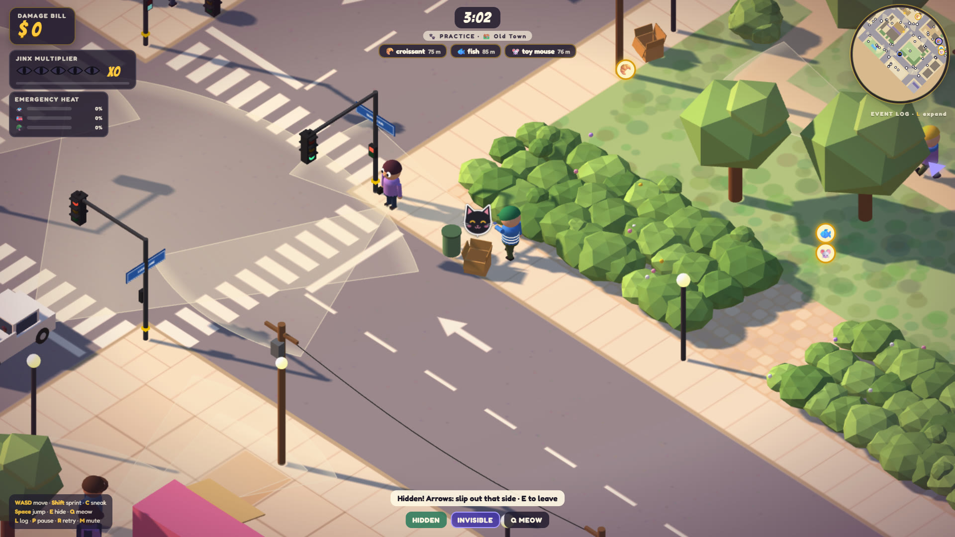 JINX! gameplay: the little black cat hides in a cardboard box on a street corner while a passer-by walks right past it, NPC vision cones sweep the crosswalk and the radar minimap tracks the neighbourhood.