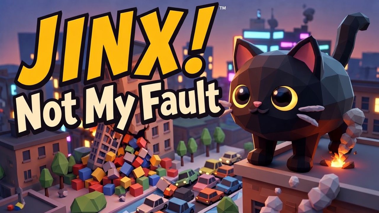 JINX! Not My Fault cover: a low-poly black cat on a rooftop above a city street full of tumbling blocks and cars.