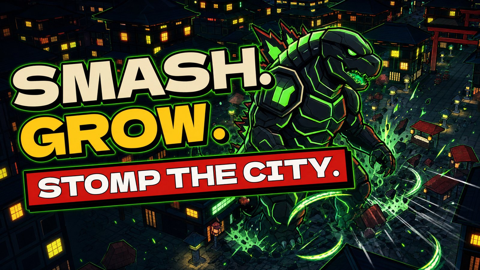 ODDSZILLA cover: a black armoured kaiju with glowing green seams stomping through a Japanese town at night, with the words Smash. Grow. Stomp the city.